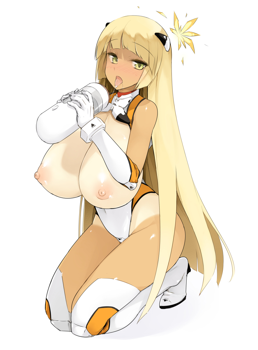 1girl artificial_vagina blonde_hair blunt_bangs blush boots breasts breasts_out covered_navel elbow_gloves gloves headgear highres huge_breasts kneeling leotard long_hair looking_at_viewer maruku nipples one-piece_tan original saliva sex_toy simple_background solo tan tanline thigh_boots thighhighs tongue tongue_out white_background white_boots white_gloves yellow_eyes