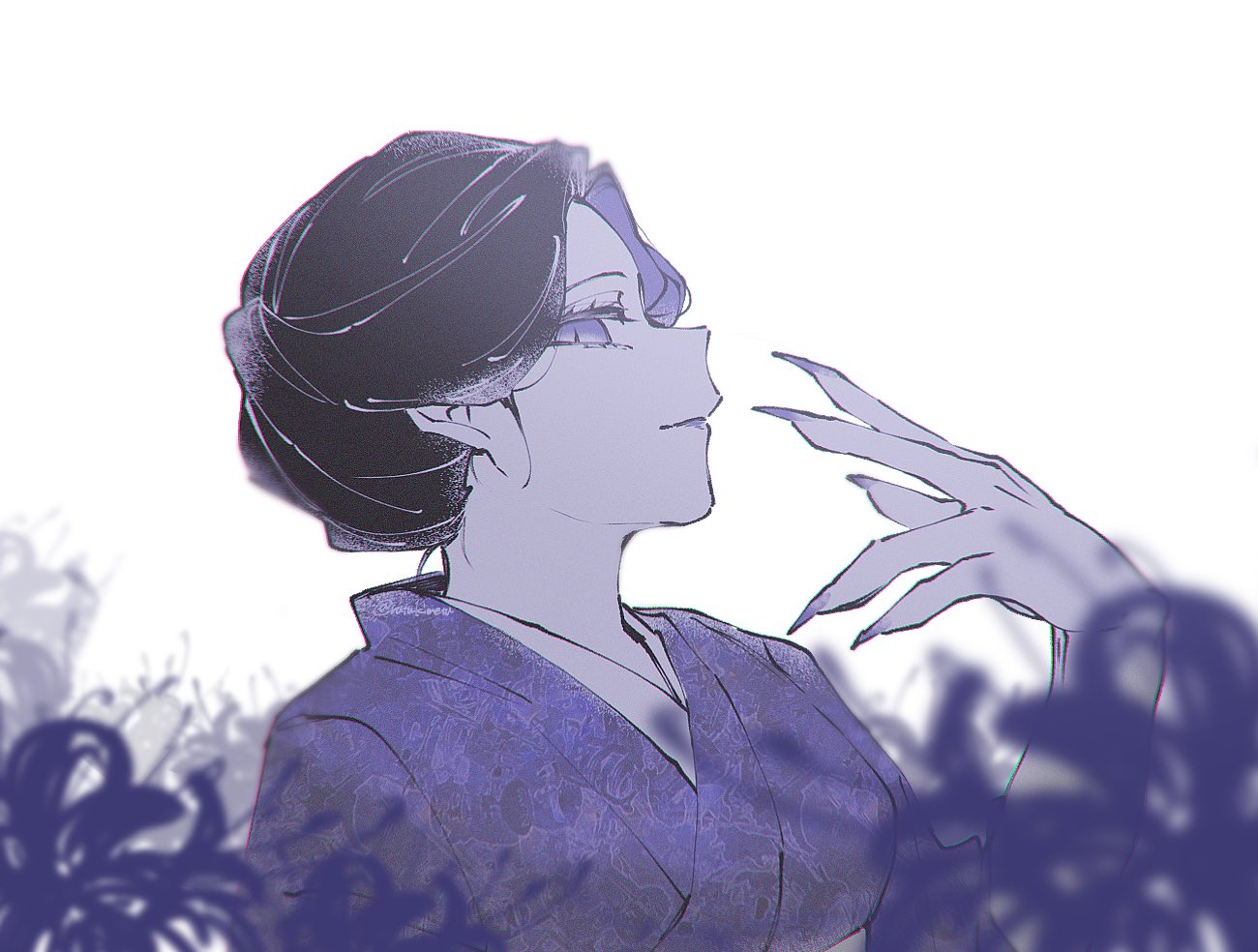 1girl black_hair blue_flower blue_spider_lily demon_girl female_focus fingernails flower from_side hair_bun japanese_clothes kimetsu_no_yaiba kimono purple_eyes rutu sharp_fingernails single_hair_bun solo spider_lily tamayo_(kimetsu_no_yaiba) white_background