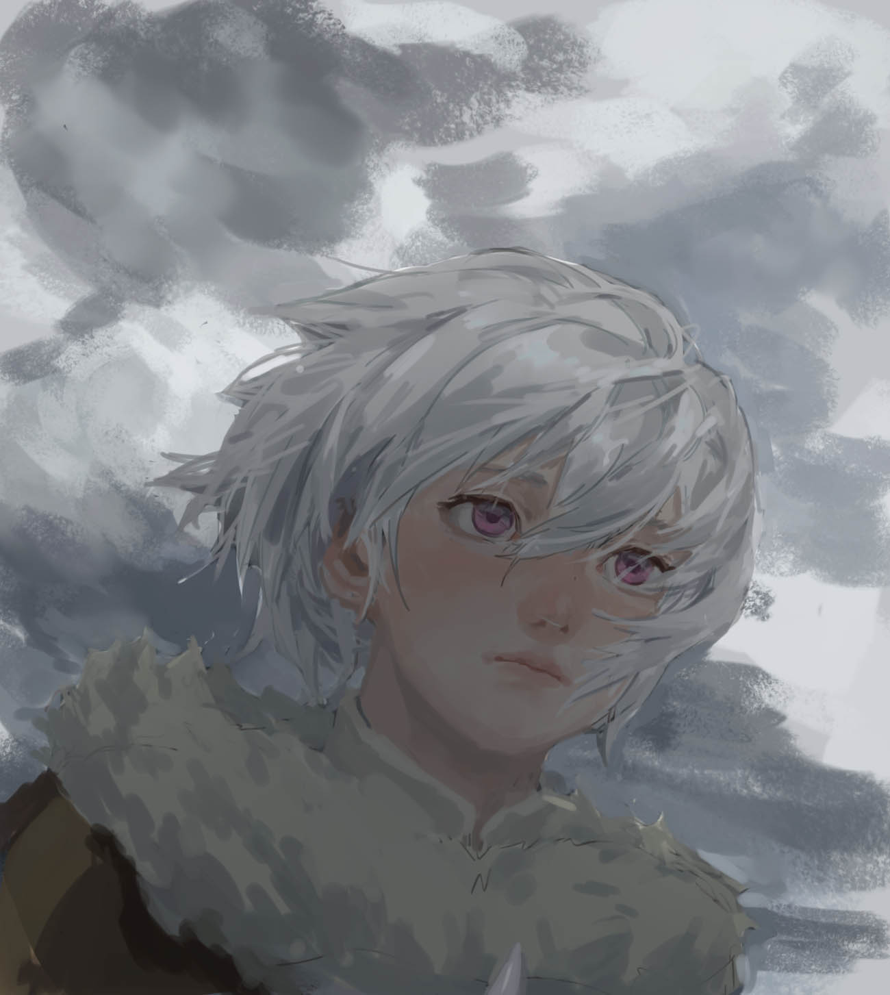 1boy alternate_eye_color cloud cloudy_sky commentary_request fumetsu_no_anata_e fur-trimmed_jacket fur_trim fushi highres jacket pink_eyes portrait sky solipsist solo white_hair