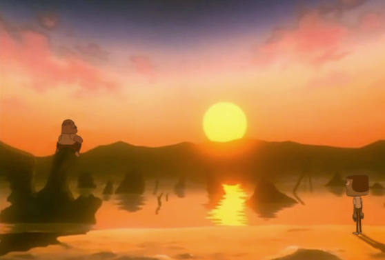 2boys clarence clarence_wendell cosplay derivative_work full_body ikari_shinji ikari_shinji_(cosplay) jeff_randell multiple_boys nagisa_kaworu nagisa_kaworu_(cosplay) neon_genesis_evangelion outdoors parody screenshot_redraw sunset