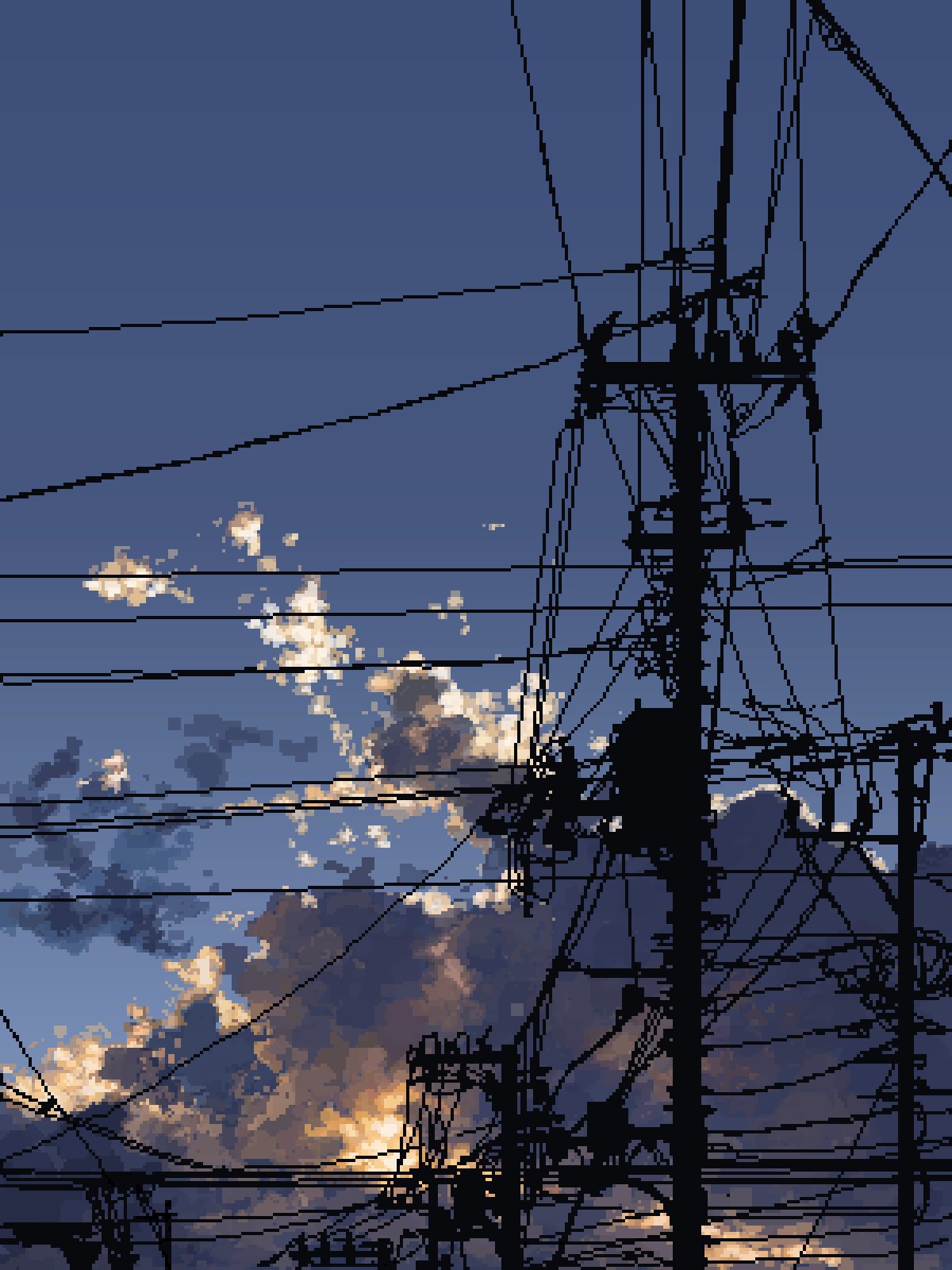 blue_sky cloud cloudy_sky dappled_sunlight highres hisachan55cute no_humans original pixel_art pole power_lines scenery silhouette sky sunlight sunrise
