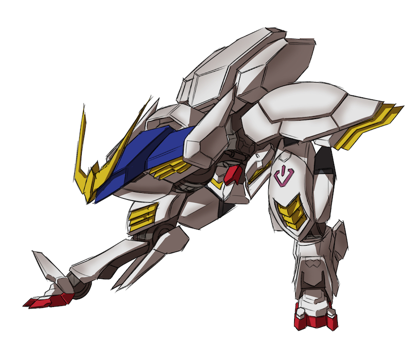 fusion gundam gundam_barbatos gundam_tekketsu_no_orphans i.takashi mecha metal_gear_(series) metal_gear_rex no_humans robot simple_background standing white_background