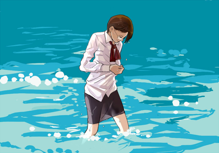 1girl black_skirt brown_hair closed_mouth eden_no_ori glasses kurusu_motoko neckerchief ocean red_neckerchief shirt short_hair skirt solo unbuttoning wading water wattant wet wet_clothes wet_hair wet_shirt white_shirt