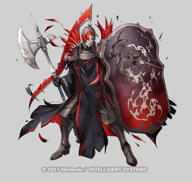 1other ambiguous_gender armor armored_boots axe boots copyright_notice dai-xt feathers fire_emblem fire_emblem:_three_houses fire_emblem_heroes flame_emperor full_body gloves glowing glowing_eyes grey_background helmet mask nintendo official_art other_focus red_eyes shield solo torn_clothes