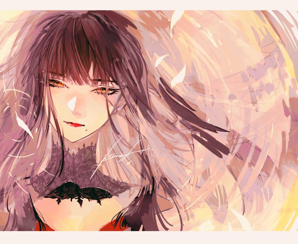 1girl alternate_eye_color black_collar black_hair collar final_fantasy final_fantasy_xiv hyur lace_collar letterboxed long_hair looking_at_viewer mole mole_under_mouth portrait red_lips senoura_korafu signature sketch solo yellow_eyes yotsuyu_goe_brutus