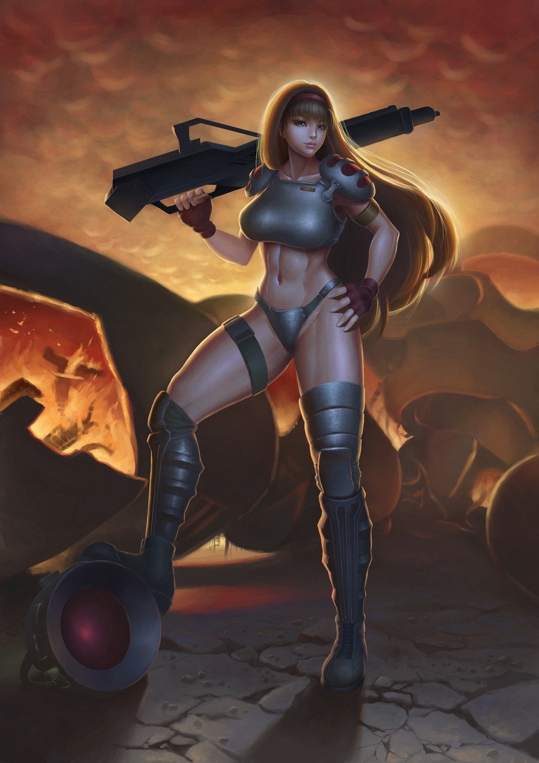 1girl abs artist_request assault_rifle beam_rifle body_armor boots contra contra_hard_corps destroyed energy_gun fingerless_gloves fire gloves gun highres lips long_hair mecha midriff realistic rifle robot science_fiction sheena_etranzi smoke toned weapon wreckage