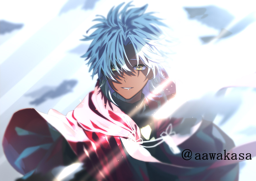 1boy amakusa_shirou_(fate) bird brown_eyes cape commentary_request dark-skinned_male dark_skin fate/apocrypha fate/grand_order fate_(series) light_particles light_rays looking_at_viewer male_focus parted_bangs priest red_cape ryuuki_(hydrangea) short_hair smile solo stole tassel teeth twitter_username upper_body white_hair