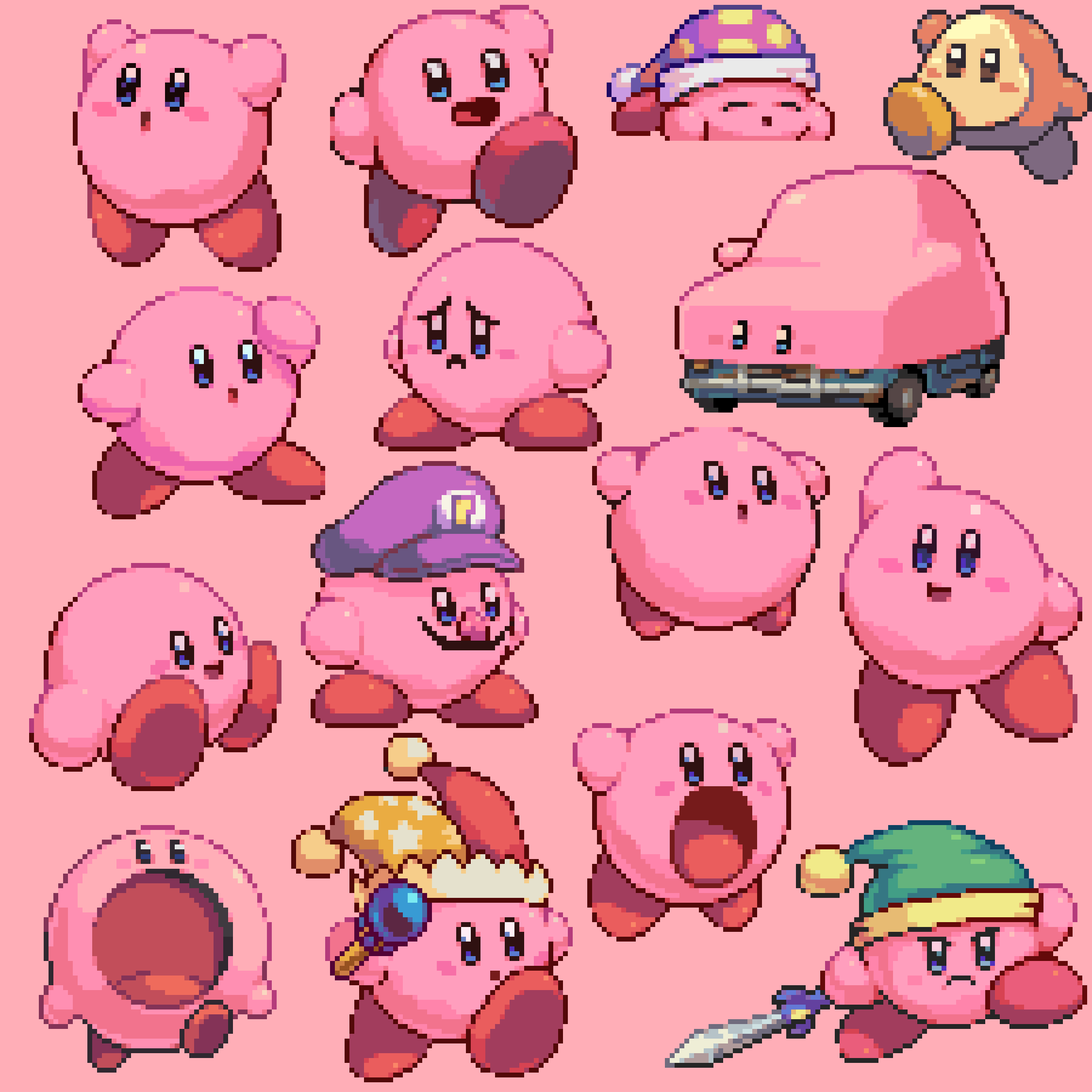 :d :o arm_up arms_up beam_kirby blue_eyes blush blush_stickers brown_eyes car car_mouth closed_eyes closed_mouth commentary copy_ability cosplay english_commentary facial_hair fake_facial_hair fake_mustache fake_nose flying frown green_hat hat highres holding holding_sword holding_wand holding_weapon jester_cap kirby kirby_(series) kirby_and_the_forgotten_land looking_at_viewer lying mario_(series) motor_vehicle mouthful_mode multicolored_hat multiple_views mustache nightcap nintendo no_humans on_stomach open_mouth orange_hat pink_background pixel_art pixel_pit polka_dot polka_dot_headwear purple_hat raised_eyebrows red_hat ring_mouth sad serious simple_background sitting sleep_kirby sleeping smile star_(symbol) star_print sword sword_kirby v-shaped_eyebrows waddle_dee walking waluigi waluigi_(cosplay) wand waving weapon