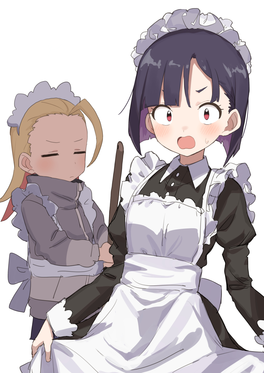 2girls ahoge apron black_hair blonde_hair breasts broom colored_inner_hair do_it_yourself!! gazacy_(dai) highres holding holding_broom jersey_maid juliet_queen_elizabeth_viii long_hair maid maid_apron maid_headdress multicolored_hair multiple_girls purple_hair red_eyes short_hair simple_background small_breasts suride_miku unconventional_maid white_background