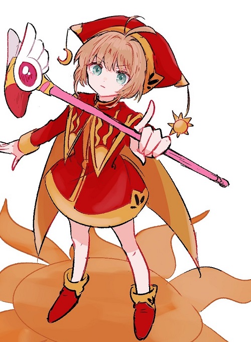 1girl arm_up blue_eyes brown_hair cape cardcaptor_sakura crescent crescent_hat_ornament dress foreshortening from_above full_body hand_up hat hat_ornament kinomoto_sakura mage_staff nocoyaki official_alternate_costume outstretched_arms pointing pointing_at_viewer red_cape red_dress red_footwear red_hat serious short_dress short_hair solo standing sun sun_hat_ornament two-sided_cape two-sided_fabric white_background