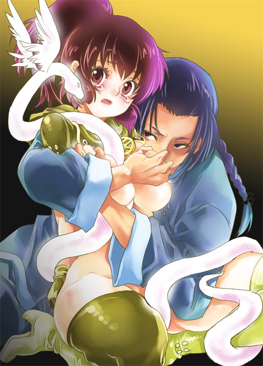 00s blue_hair blush braid breasts brown_hair grabbing_another&#039;s_breast groping psyren snake suika tears tenjuin_marie tenjuin_shao wings