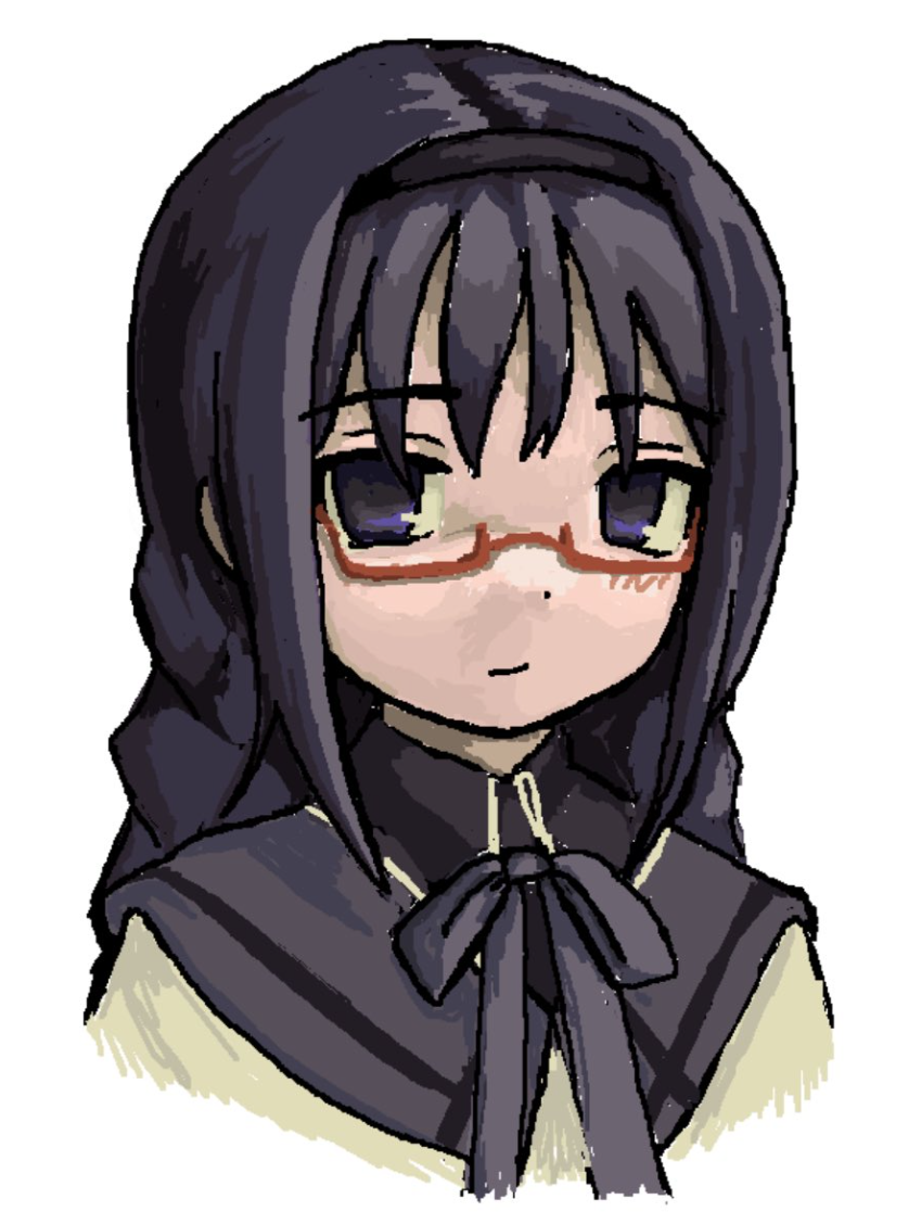 1girl akemi_homura black_hair black_hairband braid expressionless glasses hairband long_bangs low_twin_braids mahou_shoujo_madoka_magica portrait purple_eyes red-framed_eyewear school_uniform serafuku sidelocks solo tuxpaint_(medium) twin_braids zoolpal