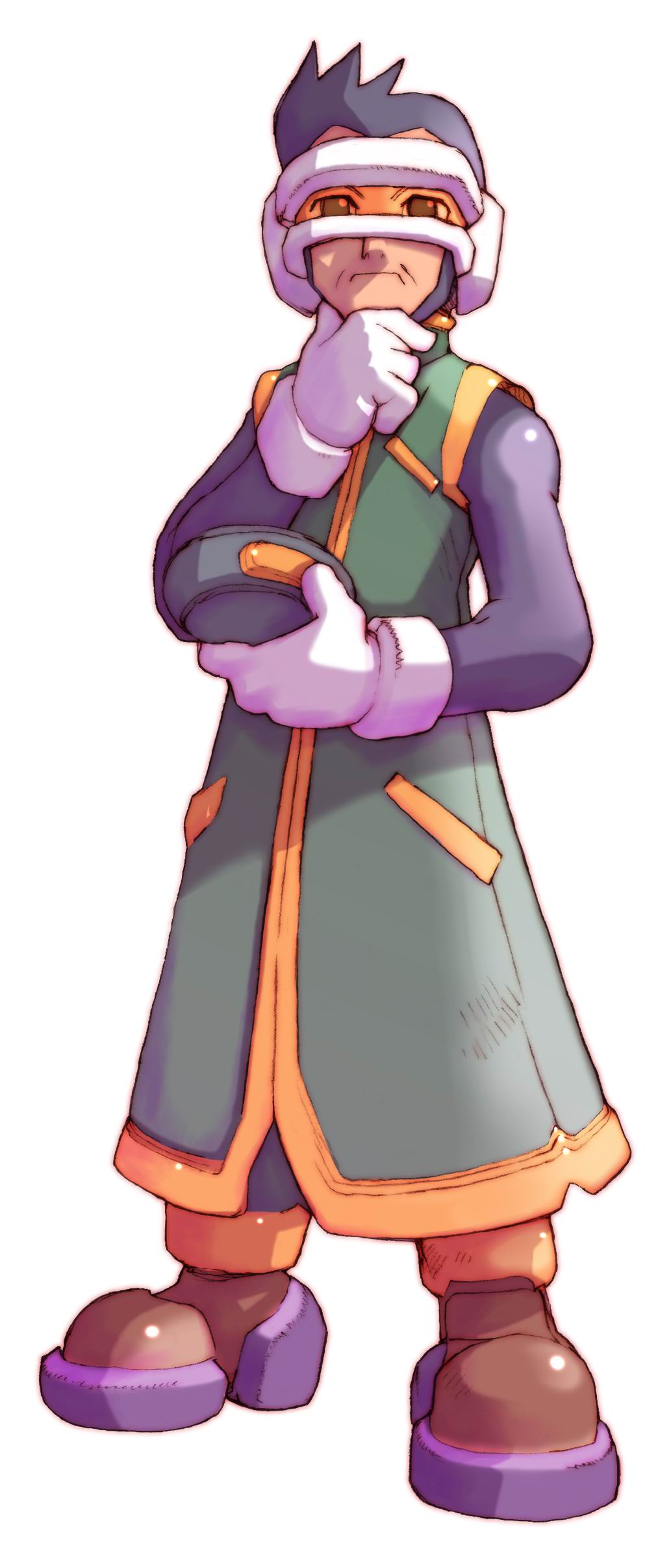 1boy absurdres android archived_source black_bodysuit black_hair bodysuit bodysuit_under_clothes brown_footwear cerveau_(mega_man) coat green_coat head-mounted_display highres male_focus mega_man_(series) mega_man_zero_(series) mega_man_zero_4 nakayama_tooru orange-tinted_eyewear short_hair simple_background solo tinted_eyewear white_background