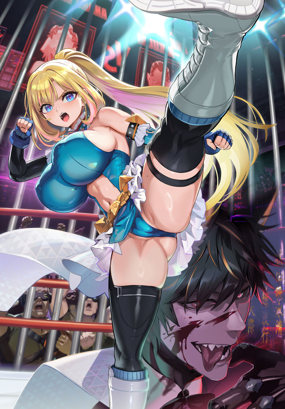 1girl 6+boys alicia_arclight animal_ears ass black_hair black_mask black_thighhighs blonde_hair blood blood_on_face blue_eyes boots breasts cameltoe character_request cheering clenched_hands clothing_cutout colored_inner_hair cover cover_page covered_erect_nipples detached_sleeves dog_ears dress fingerless_gloves from_below gauntlets gloves goetia_shock high_kick high_ponytail highres huge_breasts impossible_clothes impossible_dress iron_bars kicking knee_boots long_hair mole mole_on_thigh multicolored_hair multiple_boys navel novel_cover official_art ookuma_nekosuke open_mouth partially_visible_vulva pink_hair ponytail red_eyes screen second-party_source sharp_teeth shoe_soles short_dress short_hair sleeveless sleeveless_dress spotlight spread_legs standing standing_on_one_leg stomach_cutout streaked_hair teeth thighhighs tongue tongue_out v-shaped_eyebrows very_long_hair wide_spread_legs wrestling_outfit wrestling_ring