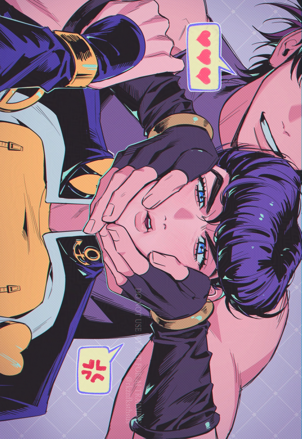 2boys anchor_ornament anger_vein battle_tendency black_gloves blue_eyes bracelet cheek_squash coat commentary diamond_wa_kudakenai father_and_son fingerless_gloves gakuran gloves hand_on_another&#039;s_hand hands_on_another&#039;s_cheeks hands_on_another&#039;s_face heart heart_ornament higashikata_josuke high_collar highres jewelry jojo_no_kimyou_na_bouken joseph_joestar joseph_joestar_(young) male_focus multiple_boys muscular muscular_male pompadour purple_coat purple_hair purple_shirt rkznfksthsus school_uniform shirt sideways sleeveless sleeveless_shirt smile speech_bubble spoken_anger_vein spoken_heart symbol-only_commentary time_paradox yellow_shirt