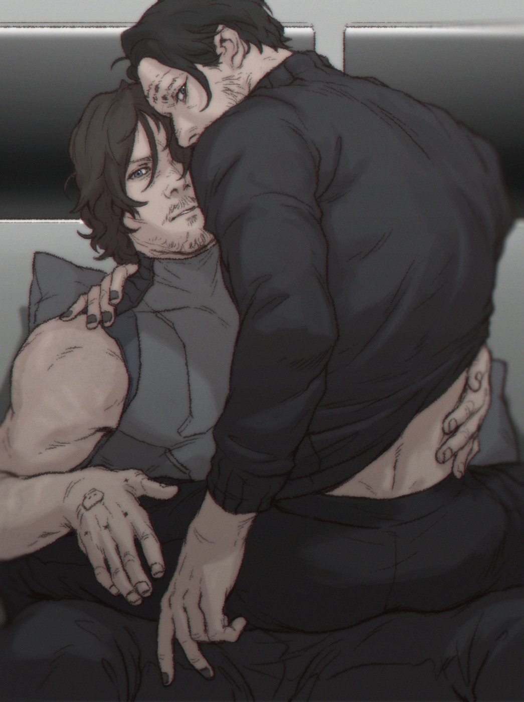 2boys back bara black_hair black_nails black_pants black_shirt closed_mouth clothes_lift couple death_stranding facial_hair goatee grey_tank_top hamms_hamss hand_tattoo higgs_(death_stranding) highres looking_at_viewer looking_back male_focus mature_male multiple_boys muscular muscular_male mustache nail_polish pants sam_porter_bridges shirt shirt_lift short_hair sitting sitting_on_person tank_top tattoo yaoi