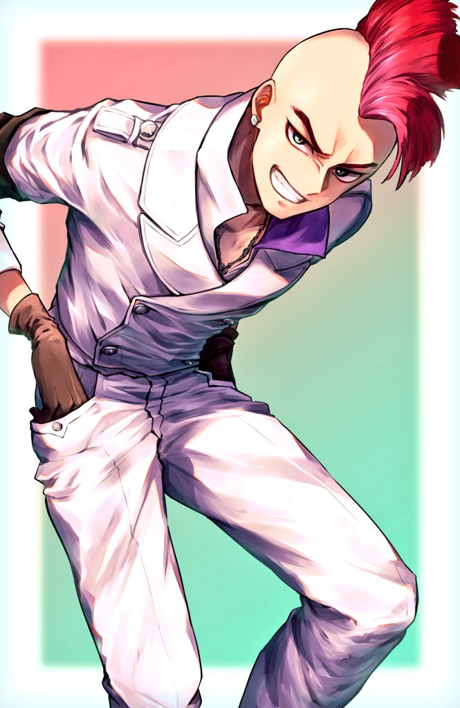 1boy bazz-b bleach blurry blurry_background border brown_gloves buttons commentary earrings gloves gradient_background green_eyes grin hands_in_pockets jacket jewelry leaning_forward long_sleeves looking_at_viewer male_focus mohawk outside_border pants red_hair smile solo soraao0322 standing white_border white_jacket white_pants