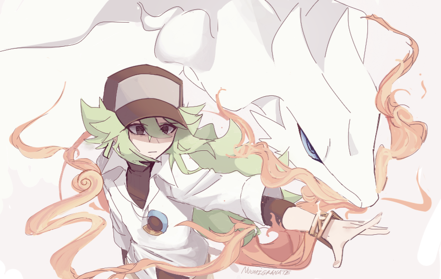 1boy arm_at_side artist_name behind_another black_hat black_shirt blue_eyes blue_sclera bracelet breath_weapon breathing_fire close-up colored_sclera dress_shirt facing_to_the_side fire gen_5_pokemon gold_bracelet grey_eyes hat jewelry legendary_pokemon long_bangs looking_to_the_side male_focus n_(pokemon) necklace nintendo nuumigranate open_hand outstretched_arm partially_unbuttoned pokemon pokemon_(creature) pokemon_bw ponytail reshiram serious shirt shirt_under_shirt sleeves_rolled_up turning_head unbuttoned unbuttoned_shirt white_background white_shirt