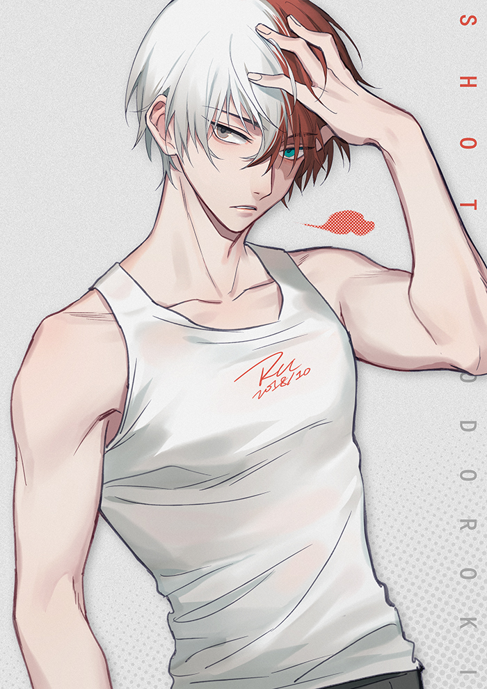 1boy artist_name blue_eyes boku_no_hero_academia burn_scar character_name collarbone english_text grey_background grey_eyes hair_between_eyes heterochromia looking_at_viewer male_focus multicolored_hair red_hair ru_(famia) scar scar_on_face shirt short_hair solo split-color_hair tank_top todoroki_shoto two-tone_hair white_hair white_shirt