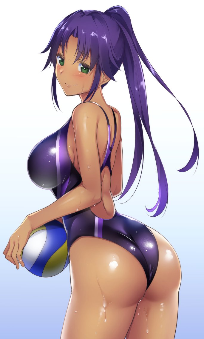1girl ass asuka_(dream_c_club_zero) back ball bare_shoulders blush breasts competition_swimsuit dark-skinned_female dark_skin dream_c_club dream_c_club_(series) dream_c_club_zero female_focus green_eyes holding holding_ball huge_ass large_breasts long_hair looking_back mole mole_under_eye one-piece_swimsuit ponytail purple_hair shiny_clothes shiny_skin smile solo swimsuit tomohiro_kai volleyball_(object) wet