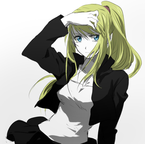 1girl arm_at_side black_skirt blonde_hair blue_eyes crying crying_with_eyes_open expressionless female_focus fingernails floating_hair fullmetal_alchemist gradient_background grey_background hand_in_own_hair jacket long_hair looking_away ponytail riru shaded_face shirt simple_background skirt solo tears upper_body white_background white_shirt winry_rockbell