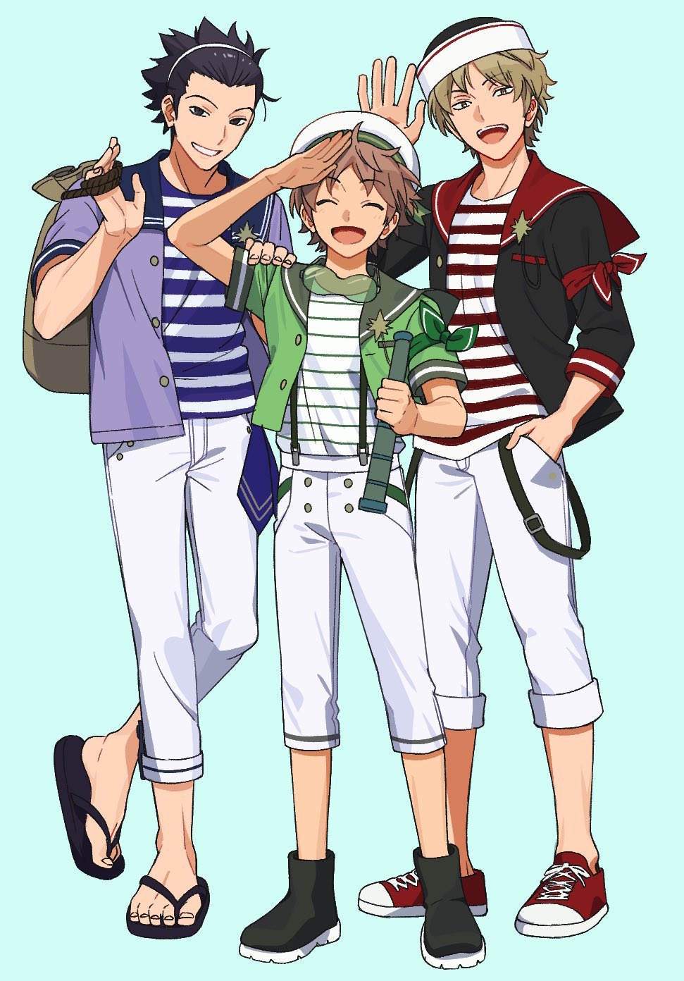 3boys :d arm_up black_eyes black_hair black_sandals black_shoes blonde_hair blue_background blue_shirt brown_eyes brown_hair full_body goggles goggles_around_neck green_shirt grin hairband hand_up hat highres holding holding_telescope izumi_kouhei long_sleeves looking_at_viewer midorikawa_shun multiple_boys nocchan_chicchi open_mouth pants red_shirt red_shoes sailor_collar sailor_hat sailor_shirt salute sandals shirt shoes short_sleeves simple_background smile standing striped_clothes striped_shirt telescope white_hairband white_pants white_shirt world_trigger yoneya_yousuke