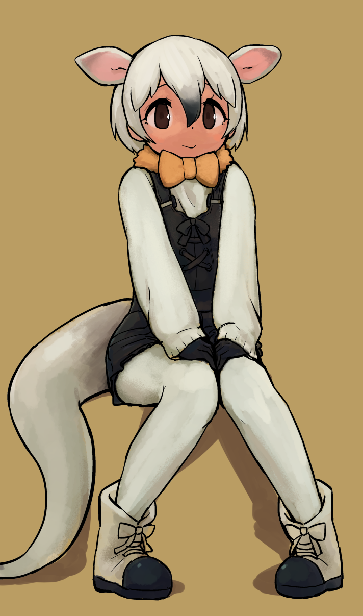 1girl animal_ears black_gloves black_hair black_vest boots bow bowtie brown_background brown_eyes commentary_request dot_nose extra_ears full_body gloves gradient_hair hair_between_eyes hands_on_own_knees highres kemono_friends knees_together_feet_apart long_sleeves looking_at_viewer multicolored_hair pantyhose rumenia_(ao2is) short_hair simple_background sitting solo southern_tamandua_(kemono_friends) tail tamandua_ears tamandua_tail vest white_hair white_pantyhose yellow_bow yellow_bowtie