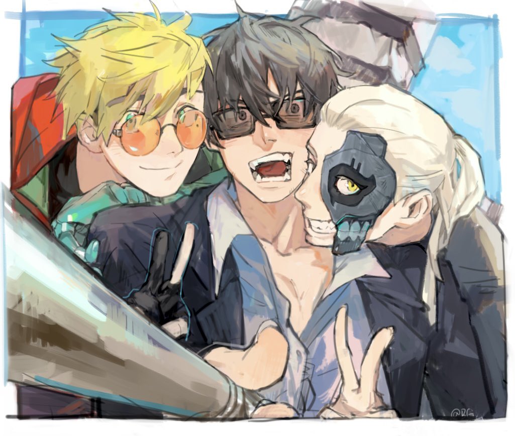 3boys bingbuliguozi black_hair black_jacket blonde_hair blue_sky brown_eyes coat foreshortening green_eyes grimace grin half_mask heterochromia jacket livio_the_doublefang long_hair looking_at_viewer male_focus mask mechanical_arms multiple_boys multiple_expressions nicholas_d._wolfwood open_clothes open_shirt orange-tinted_eyewear perspective ponytail prosthesis prosthetic_arm rectangular_eyewear red_coat round_eyewear semi-rimless_eyewear short_hair single_mechanical_arm sketch sky smile sunglasses tinted_eyewear trigun trigun_stampede undercut v vash_the_stampede yellow_eyes