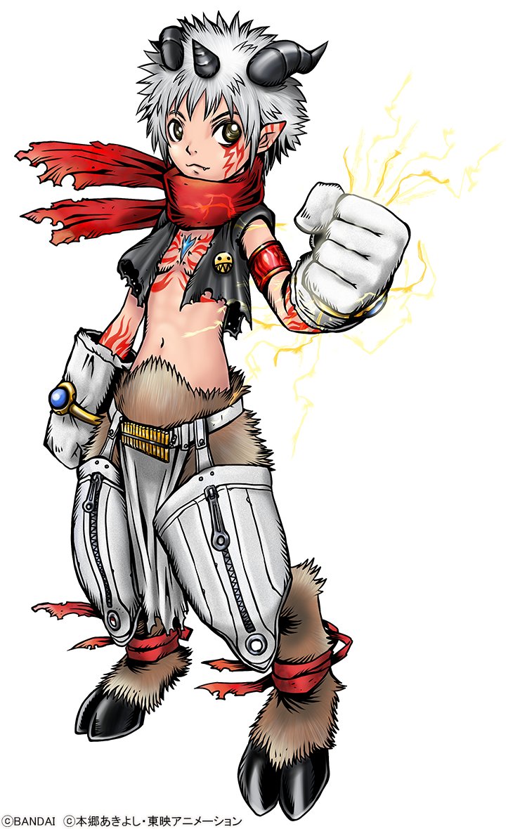 1boy aegiomon animal_feet black_vest body_fur body_markings brown_fur chest_jewel commentary_request digimon digimon_(creature) electricity facial_mark full_body gloves goat_horns grey_hair horns male_focus no_shirt official_art pointy_ears short_hair simple_background solo vest white_background white_gloves