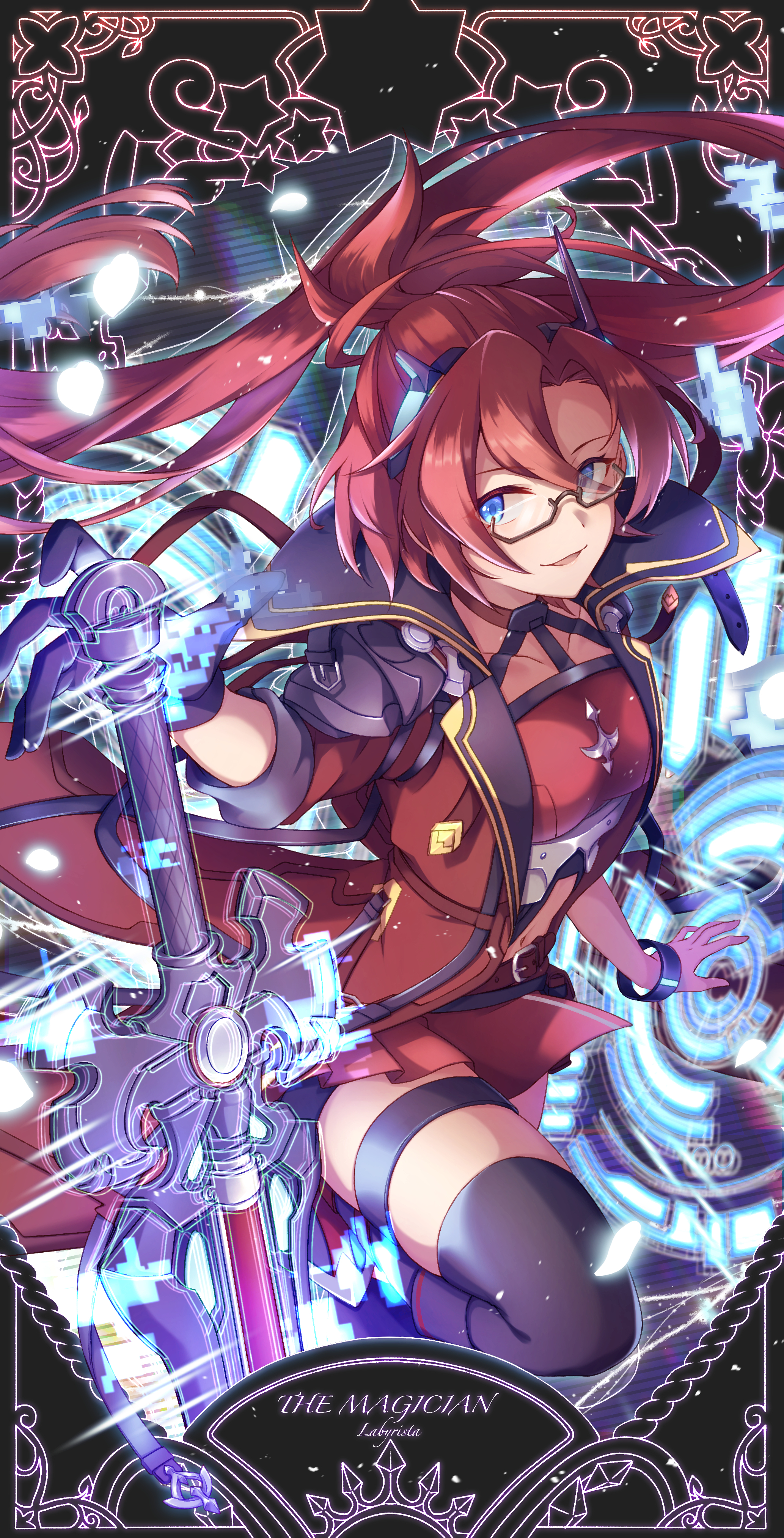 1girl absurdres altheavin belt black_gloves black_thighhighs blue_eyes breasts coat english_text floating_hair glasses gloves highres labyrista_(princess_connect!) large_breasts long_hair magic ponytail princess_connect! red_coat red_hair red_shirt resolution_mismatch shirt smile solo source_smaller sword thighhighs weapon