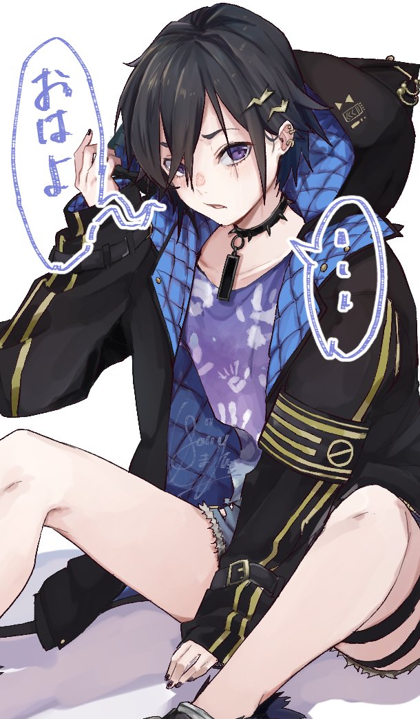 ... 1boy animal_ear_hood animal_hood arm_between_legs bishounen black_collar black_hair black_nails blush cat_hood collar collarbone commentary denim denim_shorts earrings eyelashes fake_animal_ears hair_between_eyes hair_ornament hairclip handprint holostars hood jacket jewelry kanade_izuru kanade_izuru_(1st_costume) lightning_bolt lightning_bolt_hair_ornament lightning_bolt_symbol long_sleeves looking_at_viewer male_focus open_mouth padded_jacket purple_eyes purple_shirt saijima_yuuki shadow shirt short_hair shorts sitting solo speech_bubble spiked_collar spikes spoken_ellipsis thigh_strap two-sided_fabric two-sided_jacket virtual_youtuber white_background