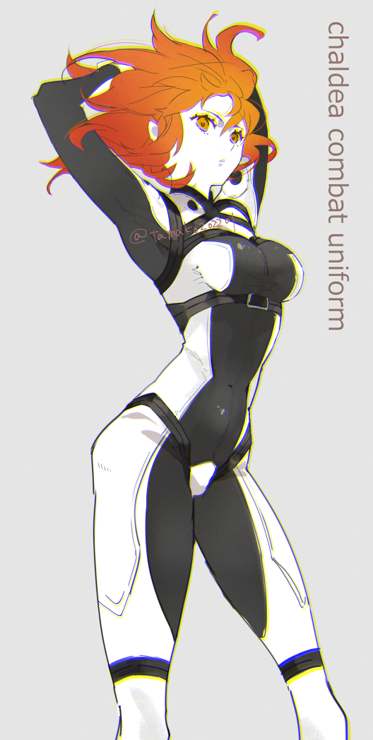 1girl arched_back arms_behind_head arms_up bodysuit breasts brown_eyes brown_hair fate/grand_order fate_(series) floating_hair fujimaru_ritsuka_(female) fujimaru_ritsuka_(female)_(chaldea_combat_uniform) grey_background hanako_(onikutabetaiyo) long_hair medium_breasts parted_lips skin_tight solo standing straight_hair twitter_username