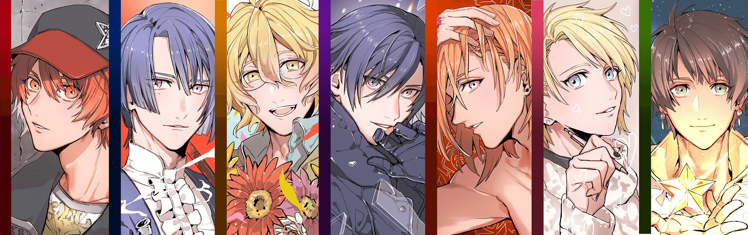 6+boys :d aijima_cecil baseball_cap black_gloves black_hair black_headwear black_jacket black_nails blonde_hair blue_eyes blue_hair blue_jacket blue_shirt brown_hair center_frills collared_shirt column_lineup crack cracked_wall crew_neck curtained_hair earrings falling_petals flower frills from_side gerbera glass_shards glasses gloves glowing green_eyes grey_eyes hair_between_eyes hand_on_own_head hand_tattoo hand_to_own_mouth hat heart highres hijirikawa_masato holding holding_pen holding_star ichinose_tokiya ittoki_otoya jacket jewelry jinguuji_ren kurusu_shou male_focus medium_hair mole mole_under_eye multiple_boys nail_polish open_mouth orange_hair parted_lips pen petals pink_flower print_shirt profile purple_eyes red_eyes red_flower red_hair shinomiya_natsuki_(uta_no_prince-sama) shirt short_hair smile smoke smoking_pipe star_(symbol) starish straight-on straight_hair stud_earrings sweater swept_bangs tattoo teeth tokuko0o0 topless_male uta_no_prince-sama wavy_hair white_flower white_shirt white_sweater yellow_eyes yellow_flower yellow_jacket