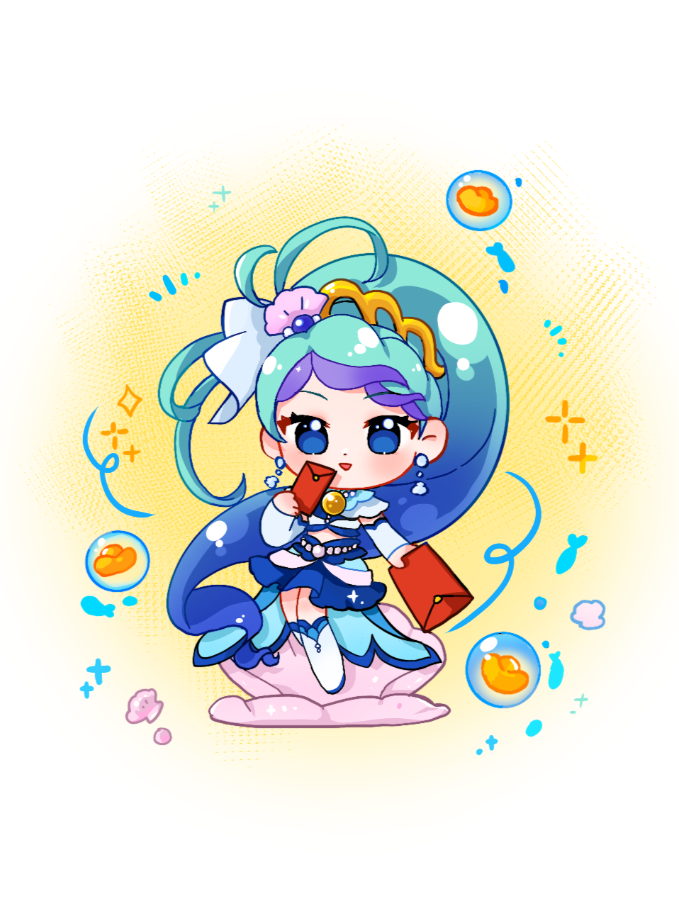 1girl absurdly_long_hair aqua_hair bead_necklace beads blue_dress blue_eyes blue_hair blue_socks boots bubble chibi chinese_commentary chinese_new_year clam_shell coattails commentary_request cure_mermaid dot_nose dress earrings envelope eyelashes fish flower frilled_dress frills go!_princess_precure gold_tiara gradient_hair hair_ribbon happy highres holding holding_envelope jewelry kaidou_minami knee_boots light_blush long_hair midriff multicolored_hair necklace open_mouth precure purple_hair ribbon shell shell_earrings shell_hair_ornament short_dress short_sleeves smile socks solo sparkle standing streaked_hair textless_version two-tone_background very_long_hair wavy_hair white_arm_warmers white_background white_boots white_ribbon white_sleeves white_socks xiyou_(xhs_8933014455) yellow_background yellow_flower