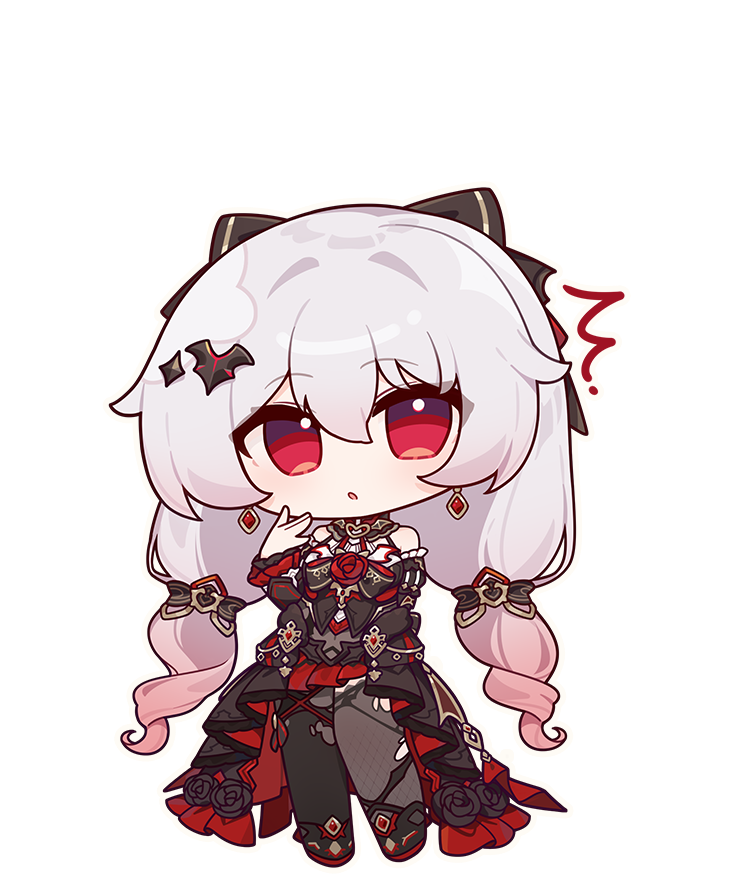 1girl \||/ black_bow black_dress black_pantyhose black_sleeves bow chibi detached_sleeves dress earrings eta fang full_body hair_bow honkai_(series) honkai_impact_3rd jewelry long_hair looking_at_viewer official_art open_mouth pantyhose red_eyes skin_fang surprised theresa_apocalypse theresa_apocalypse_(luna_kindred) theresa_apocalypse_(lunar_vow:_crimson_love) third-party_source torn_clothes torn_pantyhose twintails very_long_hair white_hair