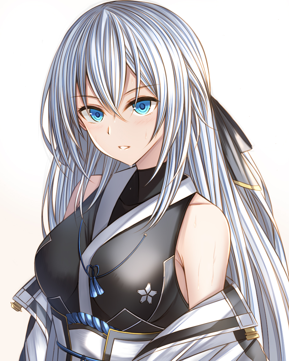1girl bare_shoulders blue_eyes breasts coat double-parted_bangs eiyuu_densetsu hair_between_eyes kanpyou_(hghgkenfany) kuro_no_kiseki_(series) kuro_no_kiseki_i large_breasts long_hair looking_at_viewer loose_clothes open_clothes open_coat portrait shizuna_rem_misurugi sleeveless solo sweat sweatdrop transparent_background upper_body