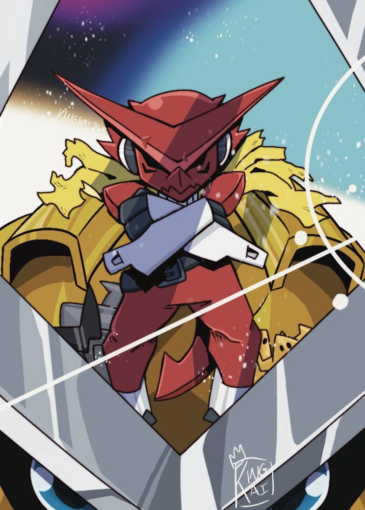 belt blue_eyes closed_eyes digimon digimon_(creature) pose_imitation scarf shoutmon_king_ver. shoutmon_x7 tengen_toppa_gurren_lagann