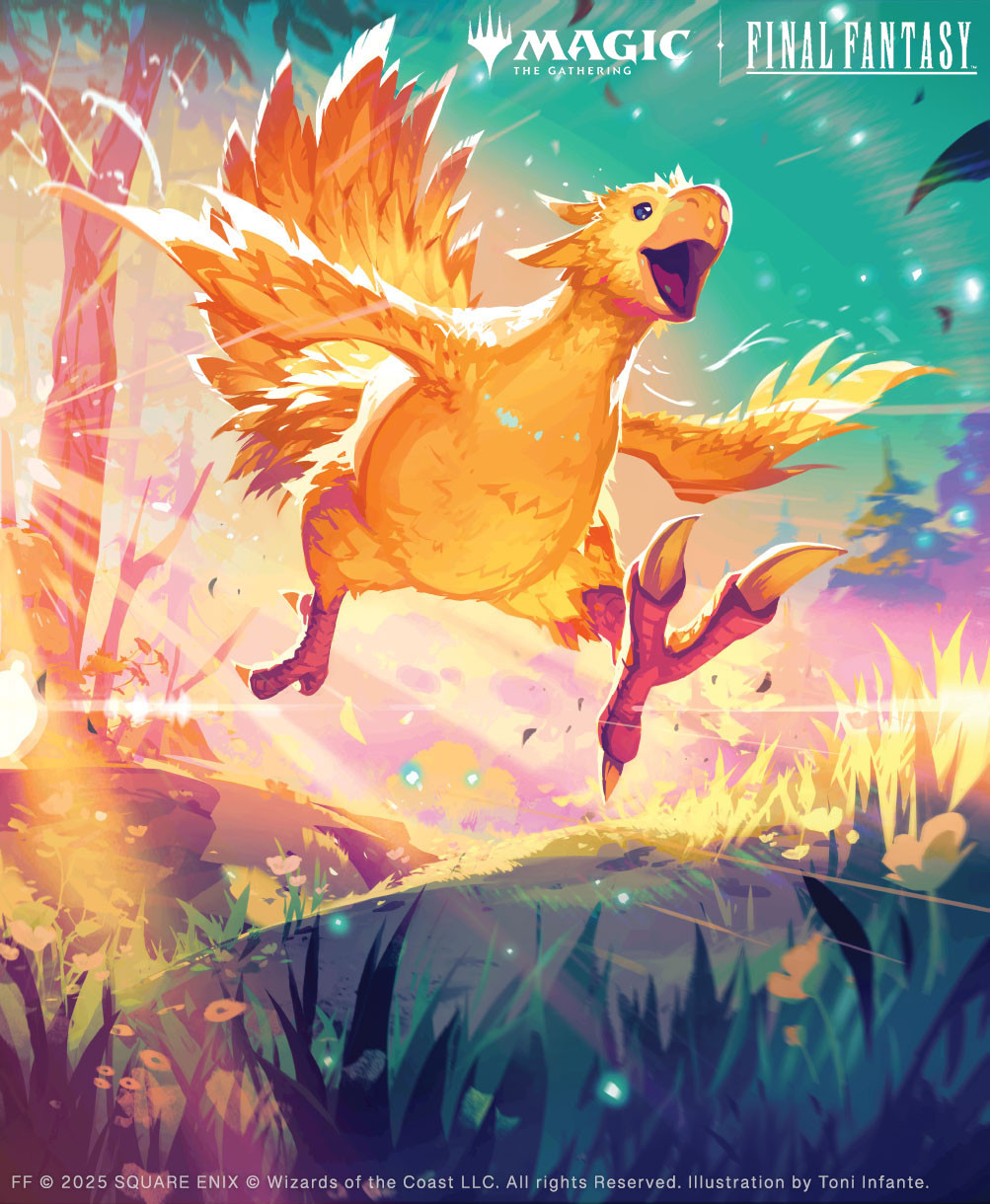 1other beak bird chocobo copyright_name copyright_notice feathers final_fantasy grass happy highres magic:_the_gathering open_mouth running smile solo sunlight talons toni_infante tree wings yellow_bird yellow_feathers