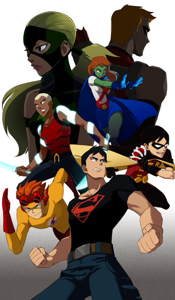 alien aqua_lad artemis_crock black_hair blonde_hair bodysuit bow_(weapon) colored_skin dark_skin dc_comics dick_grayson domino_mask flying goggles gradient_background green_skin kaldur&#039;ahm kid_flash mask miss_martian multiple_boys ponytail red_hair robin_(dc) roy_harper sen_(pixiv111638) smile superboy wally_west weapon young_justice:_invasion