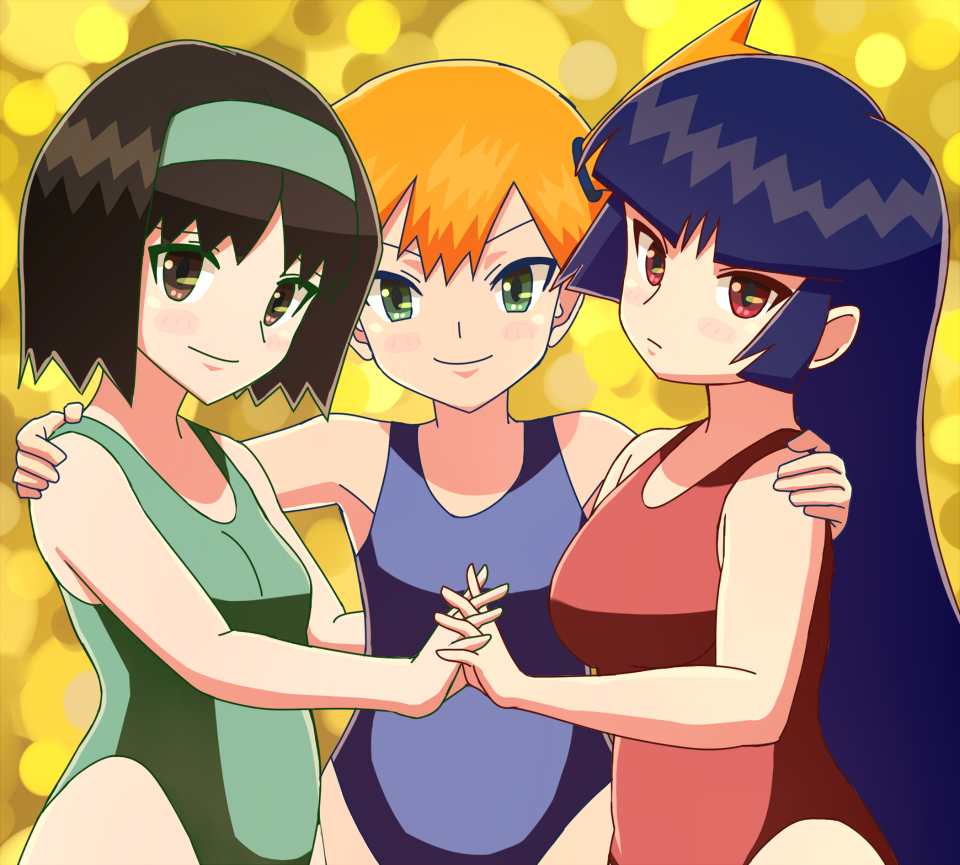 3girls arm_around_shoulder black_hair blush_stickers breasts brown_eyes erika_(pokemon) green_eyes gym_leader hairband interlocked_fingers long_hair looking_at_viewer misty_(pokemon) multiple_girls nakaba nintendo one-piece_swimsuit orange_hair pokemon pokemon_frlg pokemon_rgby purple_hair red_eyes sabrina_(pokemon) short_hair side_ponytail smile swimsuit