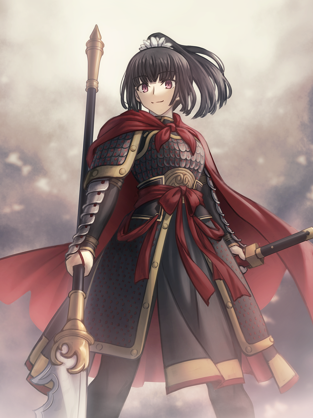 1girl armor asian black_hair black_hanfu breastplate breasts cape chinese_armor chinese_clothes dress fate_(series) full_armor full_body hair_between_eyes hair_ornament hanfu high_ponytail highres holding holding_polearm holding_sword holding_weapon jian_(weapon) lamellar_armor long_hair long_sleeves looking_at_viewer original parody pink_eyes polearm ponytail red_cape robe scabbard sheath shoori_(migiha) shoulder_armor simple_background smile solo standing style_parody sword takeuchi_takashi_(style) weapon