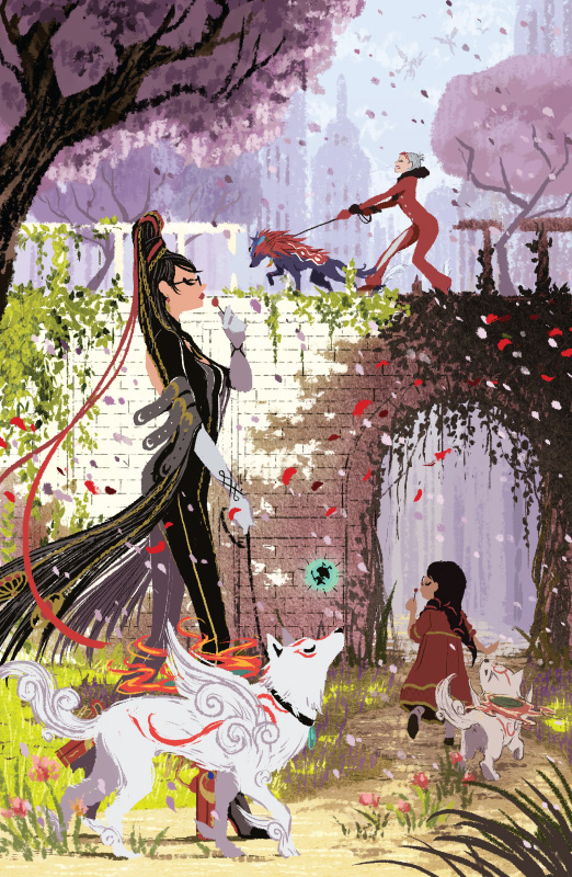 101_dalmatians 3girls amaterasu_(ookami) animal bayonetta bayonetta_(series) candy cereza cherry_blossoms chibiterasu collar commentary crossover day efrain_farias flat_color flower food issun jeanne_(bayonetta) leash lollipop long_hair multiple_girls okikurumi_(ookami) ookami_(game) ookamiden outdoors petals revision very_long_hair walking wolf