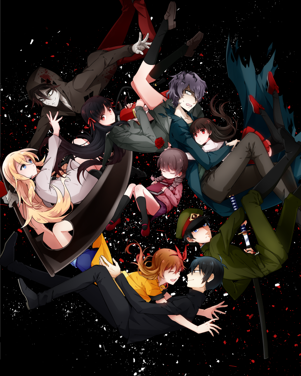 10s 4boys 4girls :d bandages black_background black_footwear black_hair black_pants black_serafuku black_shirt black_skirt black_socks blonde_hair blood blood_on_clothes blue_eyes blue_shorts book boots braid brown_eyes brown_footwear brown_hair character_request circle_formation closed_eyes closed_mouth commentary_request constricted_pupils fire_extinguisher flower garry_(ib) gokuto_jihen green_pants green_shirt grin hair_between_eyes hair_over_one_eye hair_ribbon hat highres himeno_mikoto holding holding_book hood hug ib_(ib) ib_(kouri) isaac_foster kaii_shoukougun kanzaki_shiori kirisame_ga_furu_mori knee_boots kneehighs knees_together_feet_apart loafers long_hair long_sleeves looking_at_another madotsuki mary_janes military military_uniform multiple_boys multiple_girls open_mouth outstretched_arms pants peaked_cap pleated_skirt profile purple_hair rachel_gardner reaching reaching_towards_viewer red_flower red_footwear red_pants red_ribbon red_rose red_skirt ribbon rose satsuriku_no_tenshi school_uniform scythe serafuku sheath shirt shoes short_hair shorts skirt smile socks suga_koutarou sweatdrop sword thighhighs twin_braids unsheathing very_long_hair weapon yellow_shirt yukiblue yume_nikki