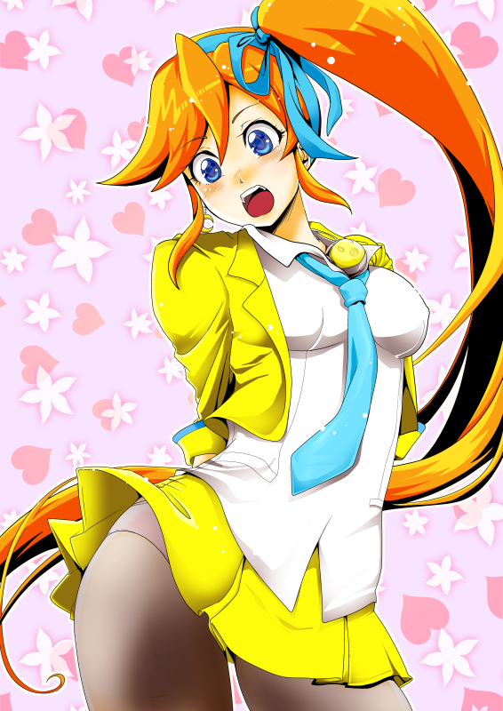 1girl ace_attorney athena_cykes black_pantyhose blue_eyes blue_necktie eyebrows female_focus hair_ribbon heart long_hair looking_at_viewer miniskirt necktie open_mouth panties panties_under_pantyhose pantyhose phoenix_wright:_ace_attorney_-_dual_destinies pink_background pncnmmm red_hair ribbon side_ponytail skirt solo underwear very_long_hair yellow_skirt