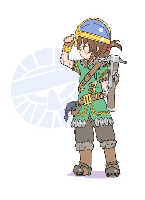 1girl adjusting_clothes adjusting_headwear alternate_costume anchor arm_tattoo belt blush boots bow_(weapon) bracelet brown_belt brown_boots brown_eyes brown_gloves brown_hair brown_pants crossbow fingerless_gloves folded_ponytail full_body fur-trimmed_boots fur_trim gloves gold_bracelet green_tunic hair_ornament hairclip hand_up helmet holding holding_crossbow holding_weapon inazuma_(kancolle) jewelry jibakurei_(elite_unchi) kantai_collection knee_boots looking_to_the_side pants profile short_sleeves shoulder_belt sidelocks simple_background solo standing steel-toe_boots tattoo tunic viking weapon white_background