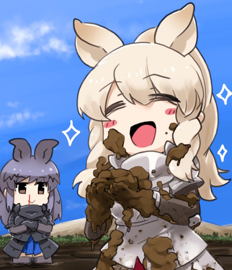 2girls armor aw_r0s black_hair black_rhinoceros_(kemono_friends) blonde_hair blood blue_sky blush_stickers brown_eyes chibi closed_eyes closed_mouth crossed_arms day dirty dirty_clothes dirty_face gauntlets hair_ears happy kemono_friends long_hair long_sleeves looking_at_another mud multiple_girls nosebleed open_mouth outdoors parted_bangs pauldrons shoulder_armor sky smile sparkle thighhighs white_rhinoceros_(kemono_friends)