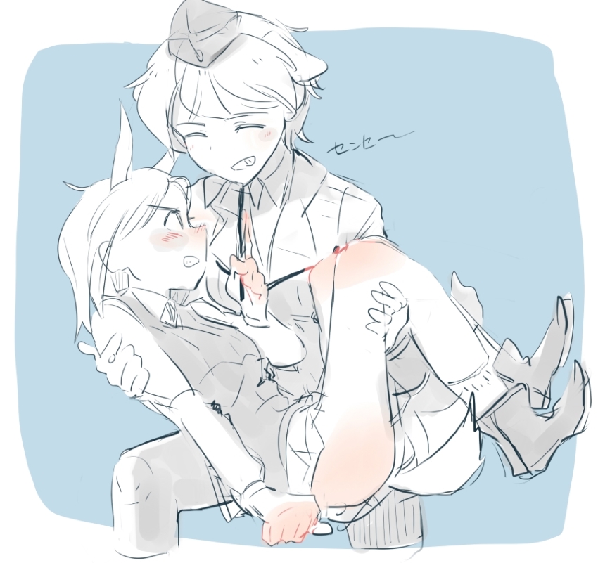 10s 2girls 502nd_joint_fighter_wing animal_ears ass blush body_blush brave_witches carrying edytha_rossmann female_focus grin hat karlsland limited_palette military military_uniform multiple_girls open_mouth pantyhose partially_colored princess_carry shiraba_(sonomama_futene) short_hair smile strike_witches waltrud_krupinski world_witches_series yuri