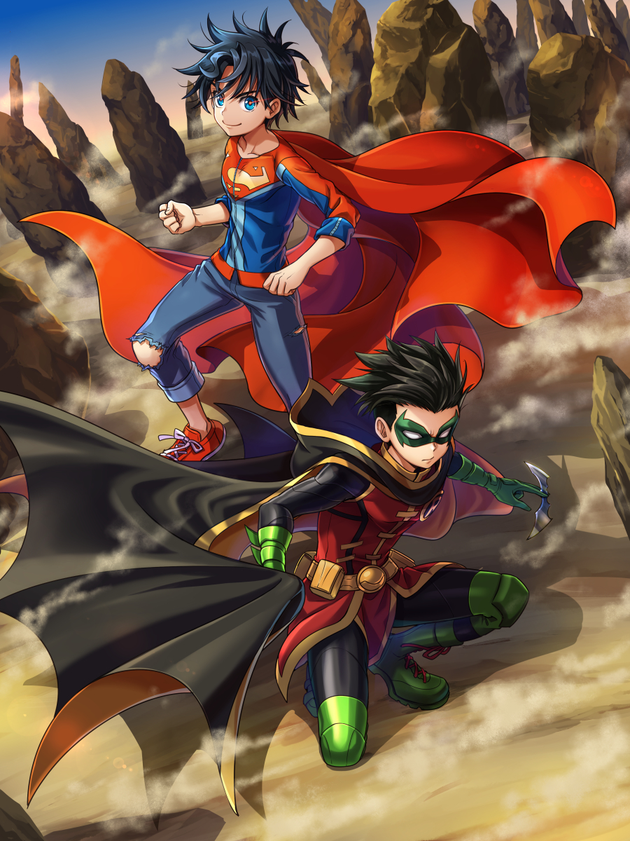 2boys animification batman_(series) belt black_hair blue_eyes cape child damian_wayne dc_comics denim domino_mask gloves green_footwear green_gloves highres j.2 jeans jonathan_kent mask multiple_boys outdoors pants red_cape robin_(dc) shoelaces shoes smile sneakers super_sons superboy superhero_costume superman_(series) torn_clothes torn_pants utility_belt yellow_cape