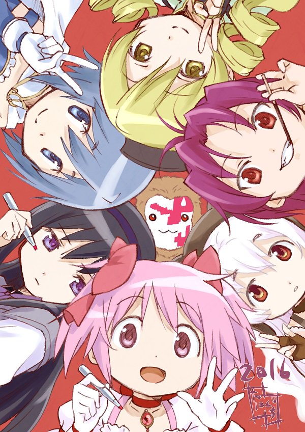2016 6+girls akemi_homura akemi_homura_(magical_girl) animal_ear_headwear animal_ears antenna_hair armlet beanie beret black_hair black_hat blonde_hair blue_hair blue_shirt blue_sleeves bow bow_choker bowtie brown_choker brown_gloves brown_hat cape capelet cat_ears chest_jewel chinese_zodiac choker closed_mouth collared_cape detached_sleeves dot_nose dress drill_hair earflap_beanie fake_animal_ears fingerless_gloves food food_in_mouth frilled_dress frilled_shirt frills fur_trim gem gloves grey_capelet grin hair_between_eyes hair_bow hair_over_shoulder hairband hand_up hat high_collar holding holding_food holding_marker holding_pocky jewelry kaname_madoka kaname_madoka_(magical_girl) long_hair long_sleeves looking_at_viewer magical_girl mahou_shoujo_madoka_magica mahou_shoujo_madoka_magica:_hangyaku_no_monogatari mahou_shoujo_madoka_magica_(anime) marker miki_sayaka miki_sayaka_(magical_girl) momoe_nagisa momoe_nagisa_(magical_girl) monkey multiple_girls official_art open_mouth orange_eyes parted_bangs parted_lips pink_bow pink_eyes pink_gemstone pink_hair pocky pocky_in_mouth puffy_short_sleeves puffy_sleeves purple_bow purple_bowtie purple_eyes purple_hairband raised_eyebrows red_background red_bow red_choker red_eyes red_hair sakura_kyoko sakura_kyoko_(magical_girl) second-party_source shirt short_hair short_sleeves short_twintails signature smile square_neckline straight_hair strapless strapless_shirt taniguchi_jun&#039;ichirou tareme tomoe_mami tomoe_mami_(magical_girl) tsurime twin_drills twintails upper_body v very_long_hair waving white_cape white_dress white_gloves white_hair year_of_the_monkey yellow_eyes