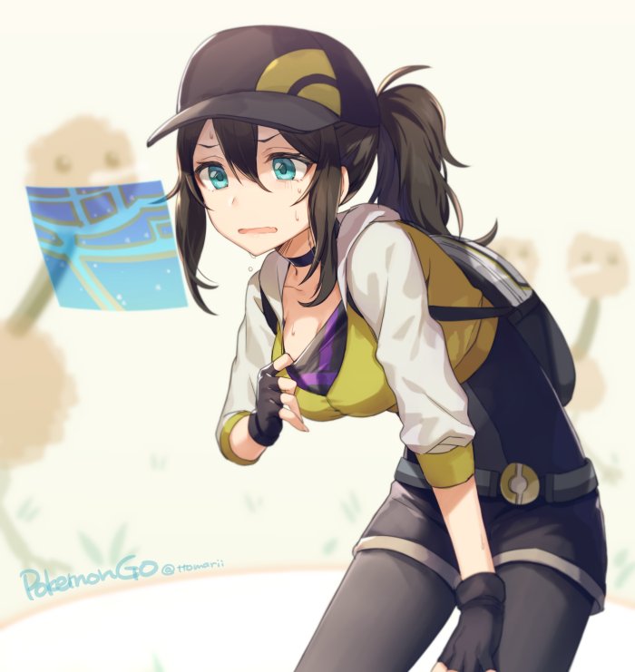 10s 1girl baseball_cap belt black_gloves black_hair black_pantyhose blue_eyes blush breasts choker cleavage clothes_pull copyright_name doduo female_focus female_protagonist_(pokemon_go) fingerless_gloves gen_1_pokemon gloves hat holographic_interface hood hoodie leaning_forward leggings leggings_under_shorts long_hair nintendo open_mouth pantyhose pokemon pokemon_(creature) pokemon_go ponytail pulling shirt_pull shorts solo sweat tomari_(veryberry00) twitter_username